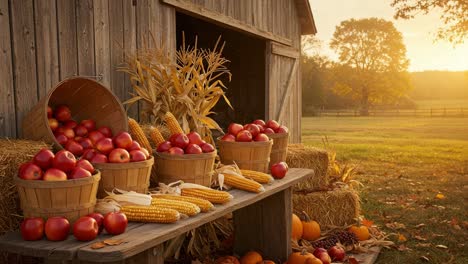 autumn harvest scene with apples, corn, pumpkins, and barn
