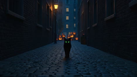 a mysterious black cat with glowing green eyes stalks through a dimly lit alleyway surrounded by jack-o'-lanterns, creating an enigmatic and spooky atmosphere