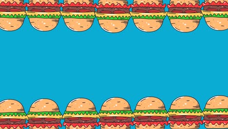 Animación-De-Dos-Filas-De-Hamburguesas-Con-Queso-Moviéndose-En-La-Parte-Superior-E-Inferior-Del-Fondo-Azul