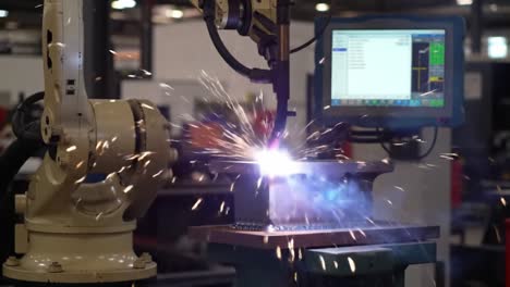a robotic arm performing automated welding in a controlled industrial environment with sparks flying and a monitor displaying operational data