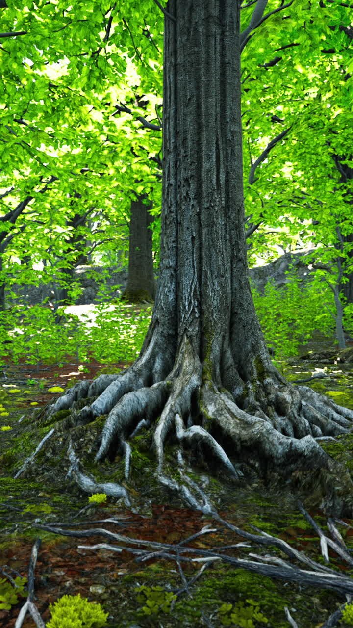 Close-up of a tree trunk and its roots in a green forest