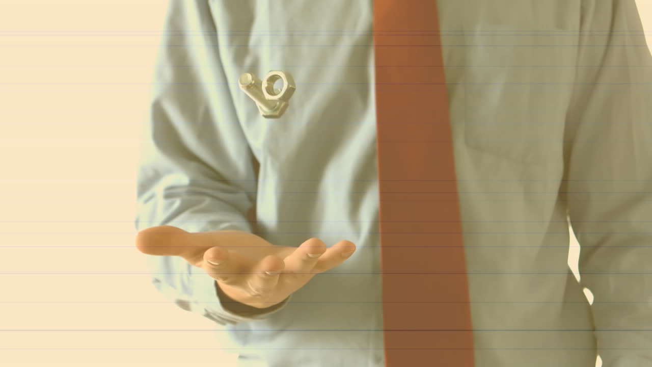 밝은 오렌지색 배경에 견과류와 볼트를 던지고 잡는 사업가의 애니메이션