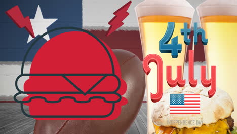 animación del texto del 4 de julio sobre hamburguesas, cervezas y bandera estadounidense