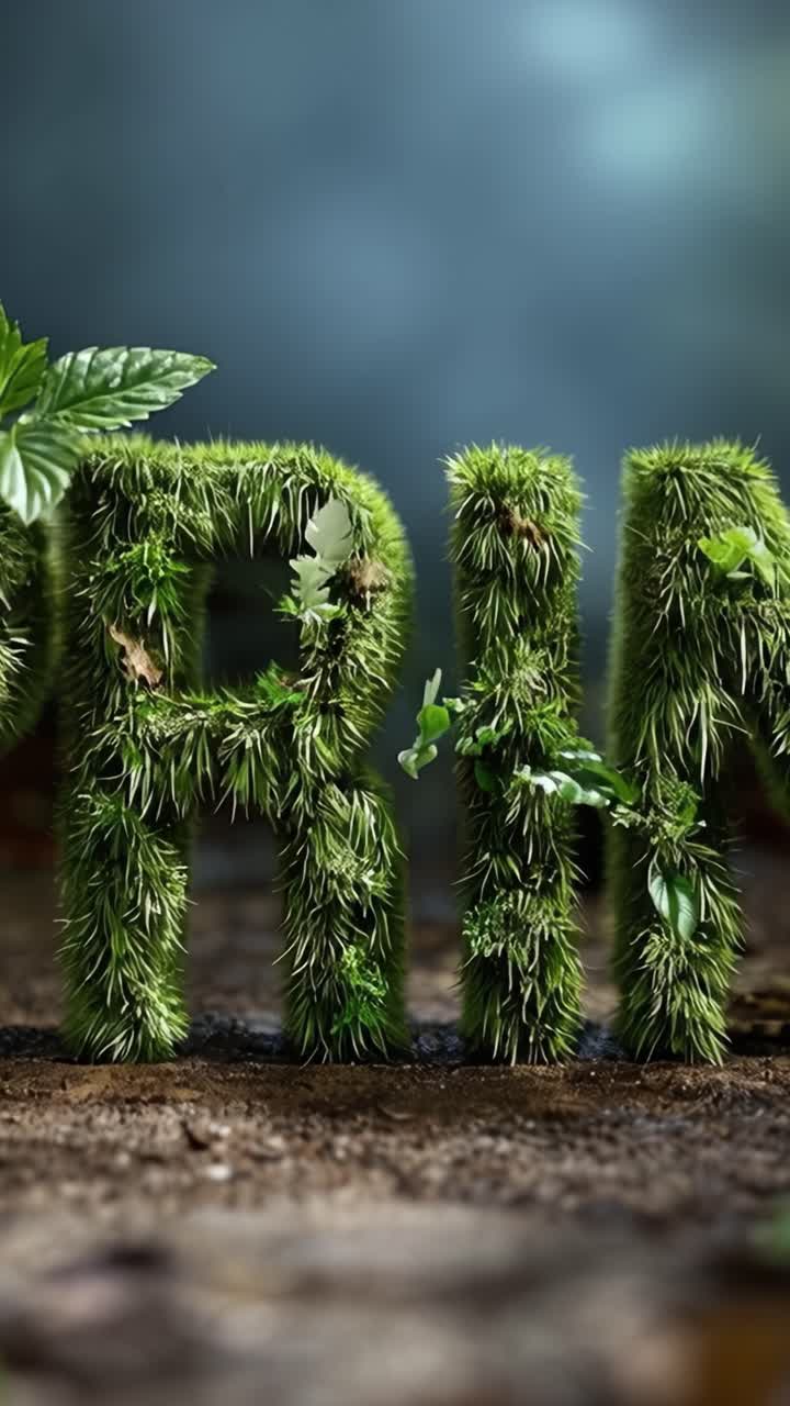 A vibrant display of nature's artistry: lush green letters crafted from moss and leaves, embodying the essence of growth and environmental beauty in the forest