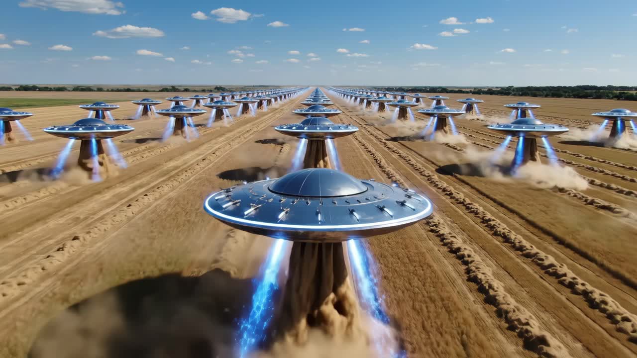 Fleet of UFOs Over a Wheat Field