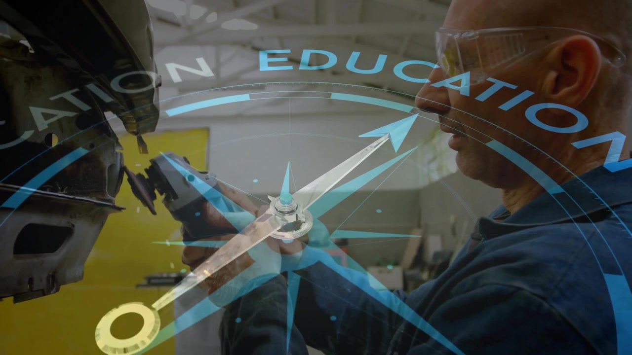 Technician picking grinder grinding sparks as EDUCATION arrow rotating showing progress