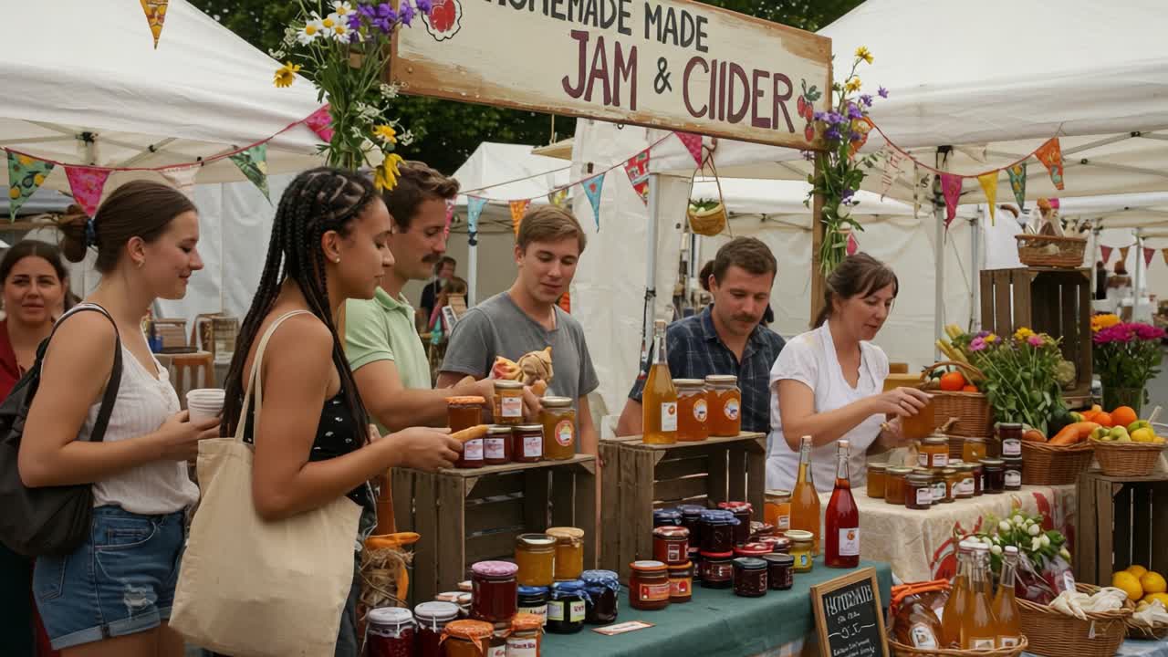 People browsing a homemade jam and cider stall at an outdoor market