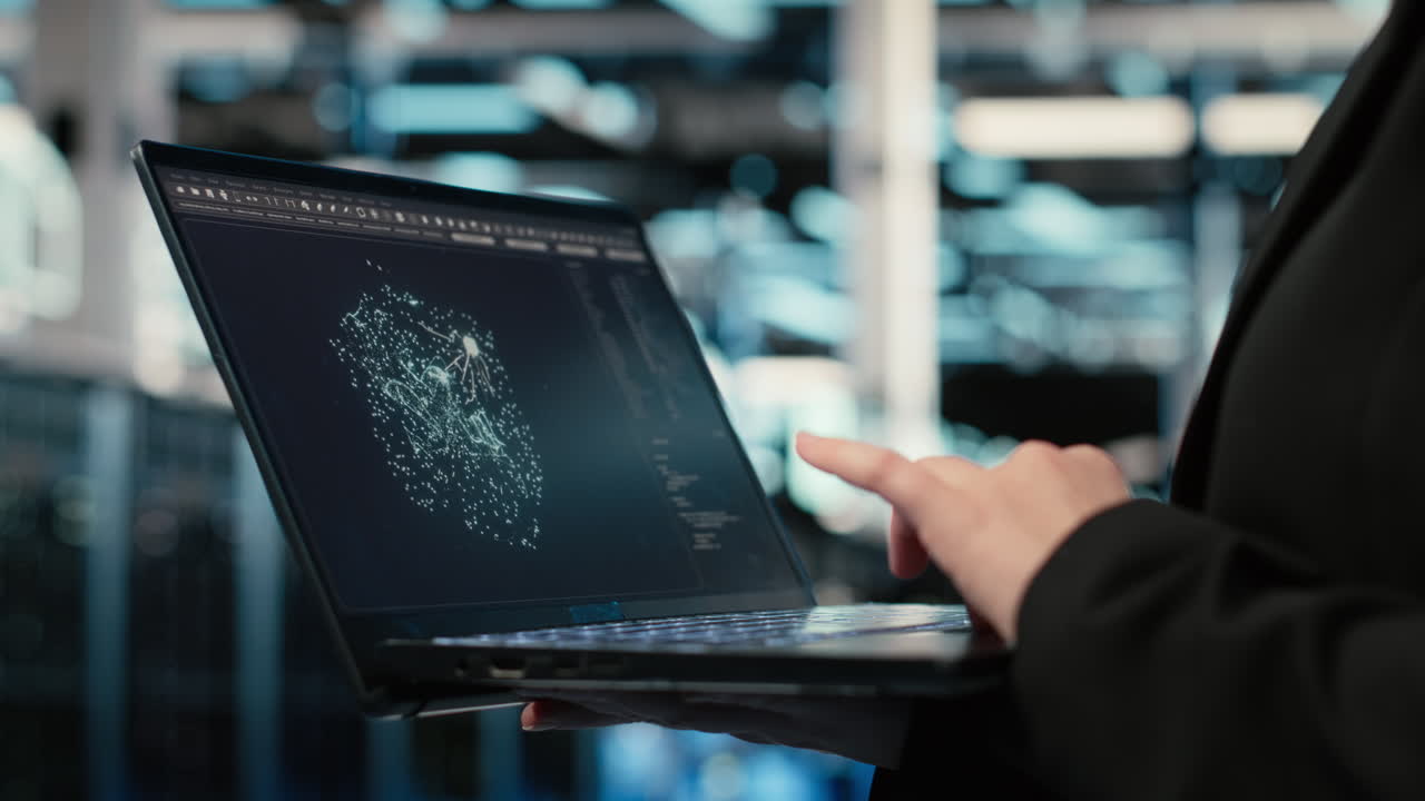 Ai Llm Assistant, Laptop Closeup And Technician In Data Center