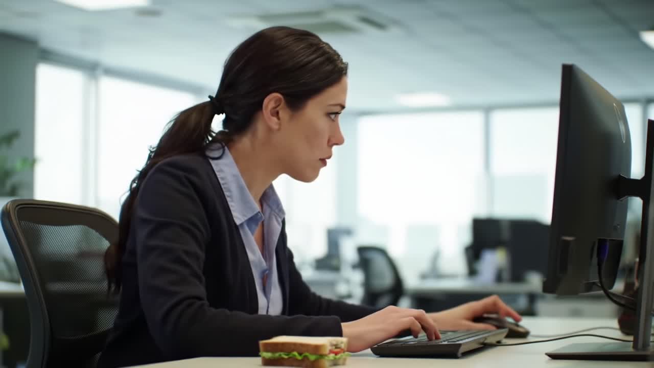 Konzentrierte Büroangestellte, die an einem Computer arbeitet und ein Sandwich in der Nähe hat, was die Verbindung von Produktivität und Alltag in einer modernen Arbeitsumgebung hervorhebt