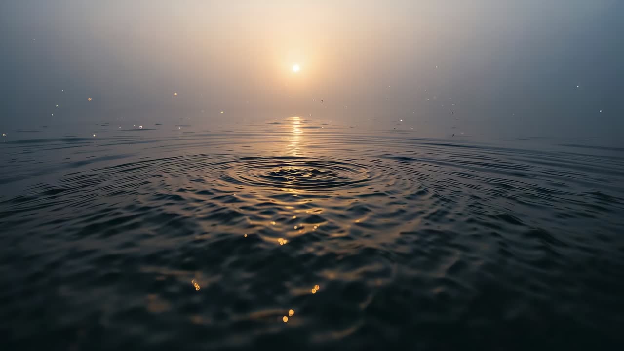 Anelli increspati si irradiano da una perturbazione, trasformandosi in piccole onde su un mare nebbioso all'alba, con una colonna di sole.