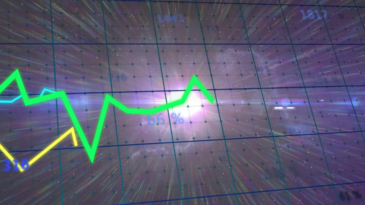 animación de gráficos, números cambiantes y patrón de cuadrícula sobre llamaradas de lente contra fondo negro
