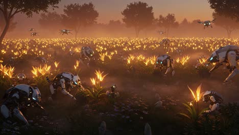 a futuristic landscape of robotic beings tending to bioluminescent flora at dusk, showcasing the harmonious blend of technology and nature in an enchanting environment
