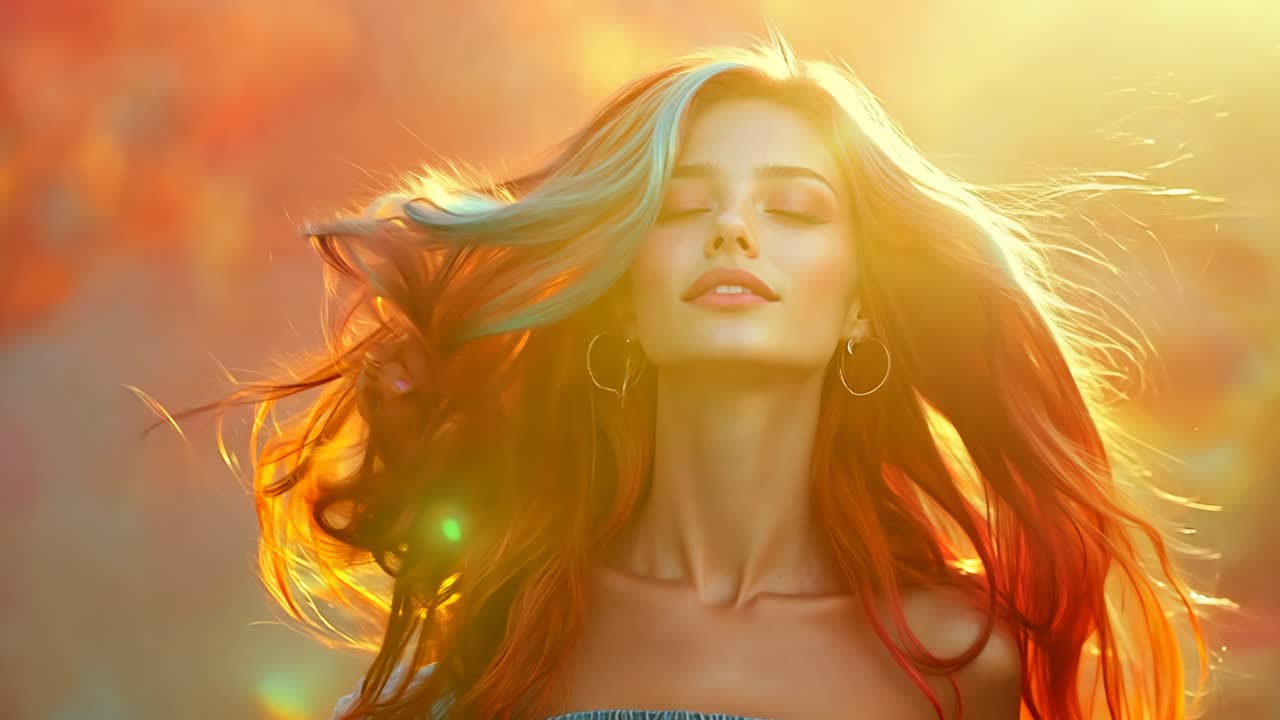 A woman with long red hair and blue and purple streaks in her hair is smiling. She is wearing a blue dress and has earrings. The image has a bright and cheerful mood