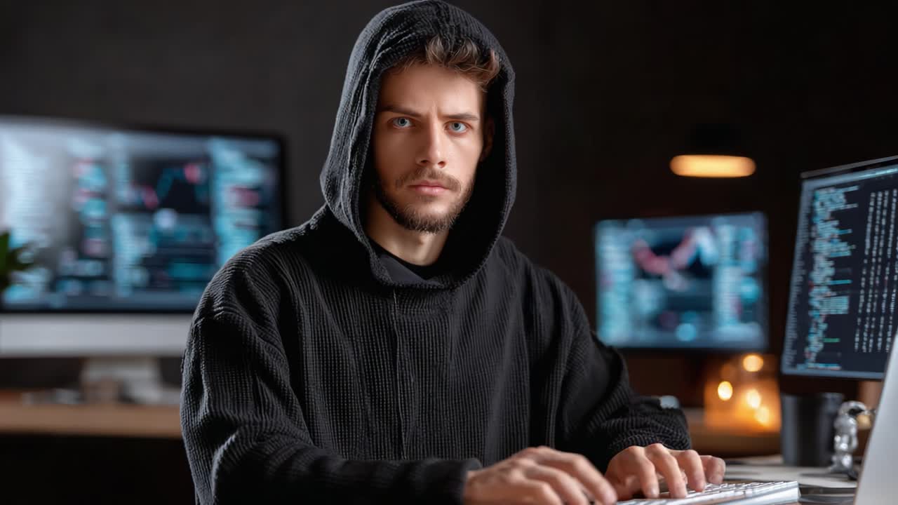 Focused Individual in Hoodie Engaged in Computer Work Surrounded by Monitors Displaying Data and Analytics in a Dimly Lit Room