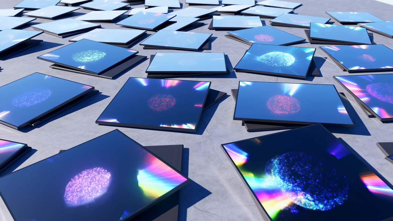 Low oblique view of dozens of glossy square panels arranged loosely on flat concrete floor, many surfaces glowing with circular particle clusters in blue cyan magenta and purple, with reflections