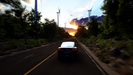 renderización 3d de coches eléctricos genéricos en una carretera con turbinas eólicas en el fondo. animación 3d realista