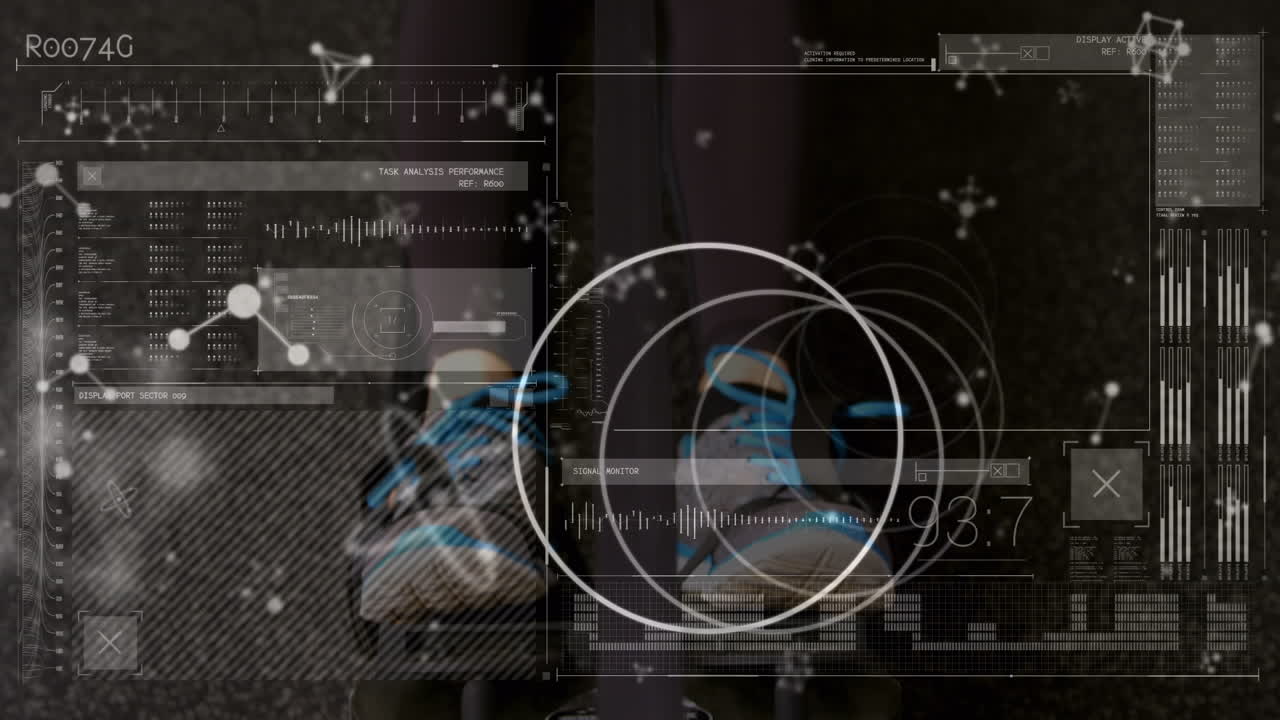 animación de moléculas sobre pantalla con datos científicos y entrenamiento de hombre caucásico en el gimnasio