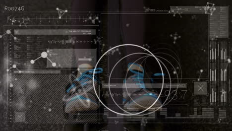 Animation of molecules over screen with scientific data and caucasian man training at gym