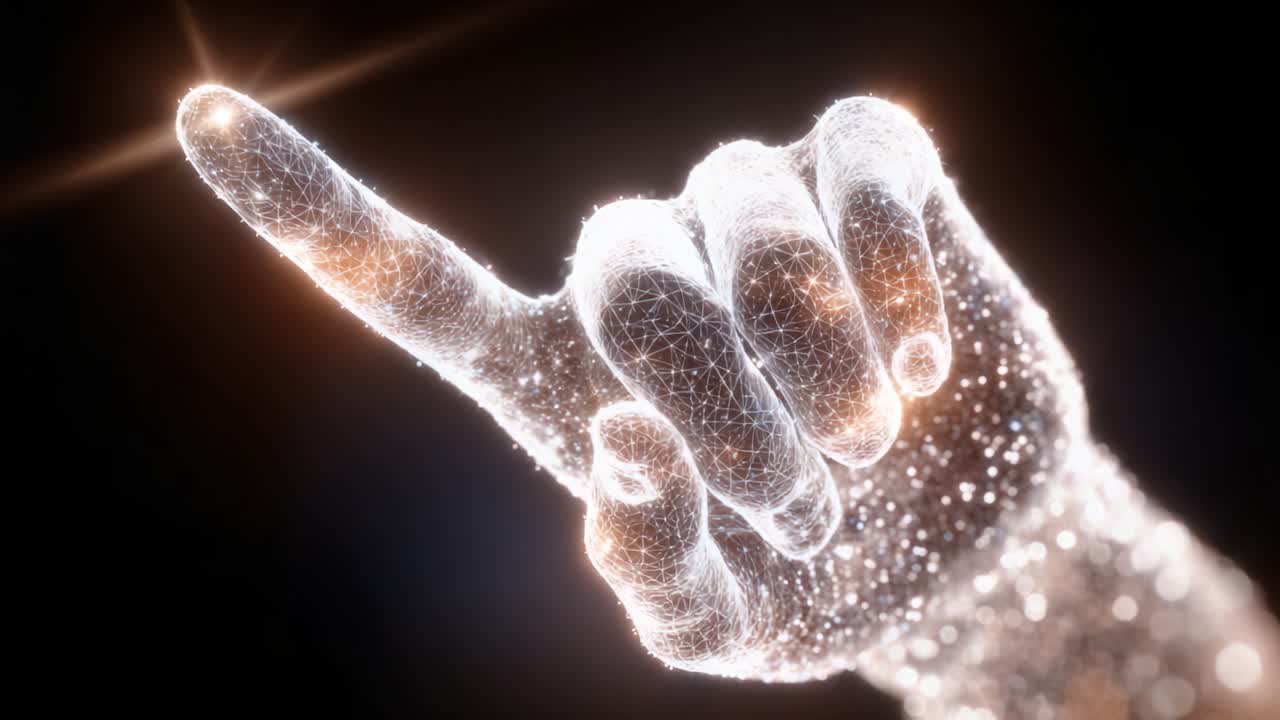 Un gesto cosmico: mano luminosa che punta verso l'alto, che rappresenta illuminazione e ispirazione attraverso il bagliore etereo e la texture stellata dell'universo digitale.
