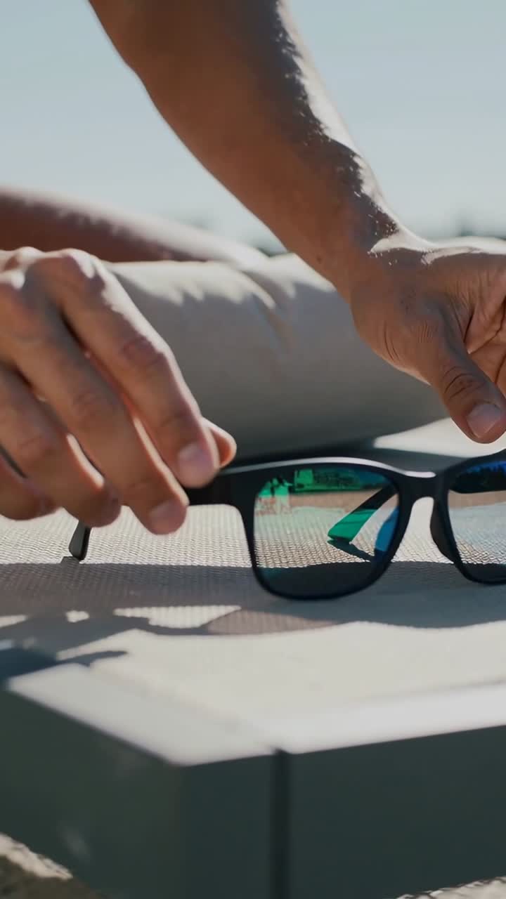 Vertical video: Reaching man's hands placing sunglasses on table by sunbed sun hitting green lenses