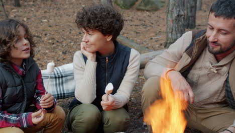 family roasting marshmallows by a campfire