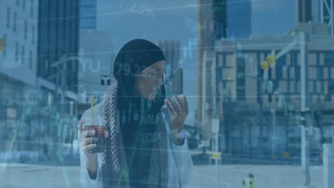 Animation-of-financial-data-processing-over-woman-in-hijab-talking-on-smartphone-on-the-street