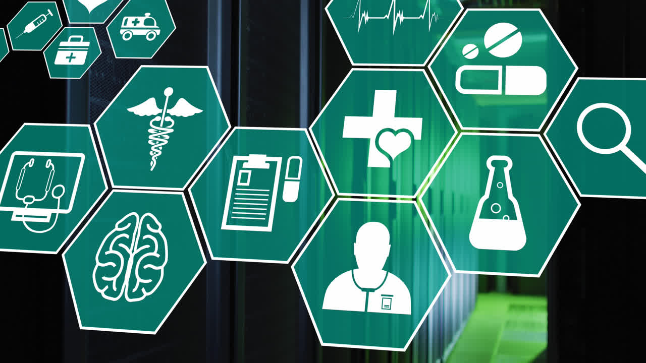 animación de múltiples iconos médicos contra la habitación del servidor de la computadora