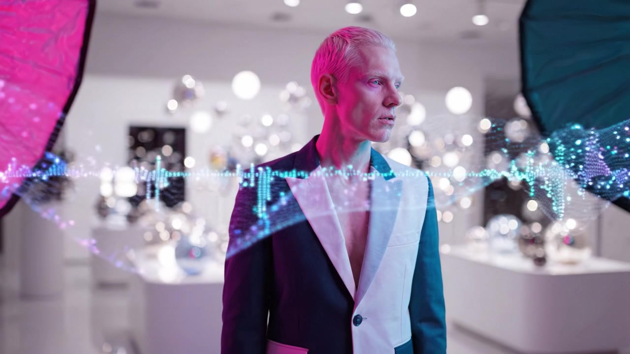 Una figura elegante si erge in mezzo a un'esposizione artistica, illuminata da colori vivaci e onde sonore dinamiche, mettendo in mostra una fusione di moda e modernità.
