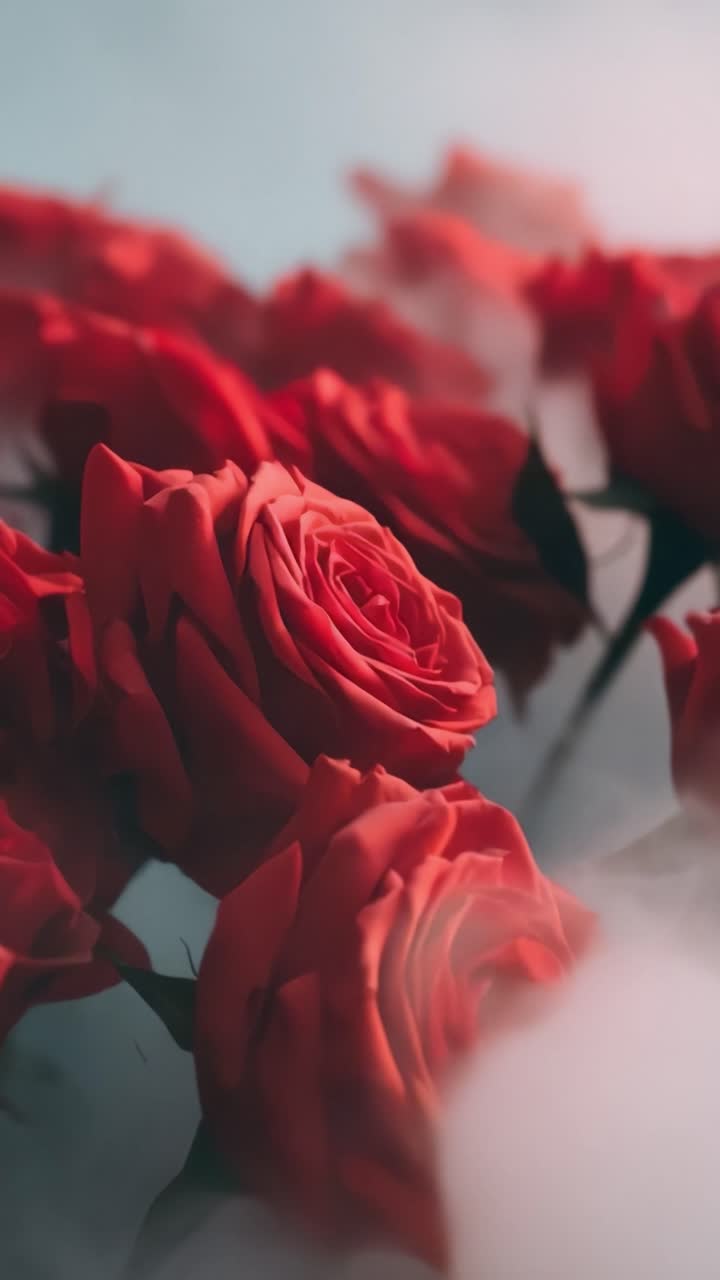 Una impresionante exhibición de rosas rojas envueltas en una suave niebla, capturando la esencia del romance y la belleza en un arreglo floral.