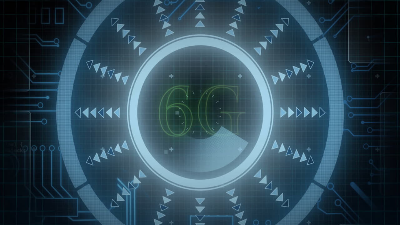 animación de texto 6g, procesamiento de datos y alcance sobre fondo oscuro