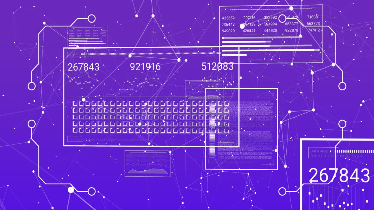 Digital network and data processing animation over abstract purple background