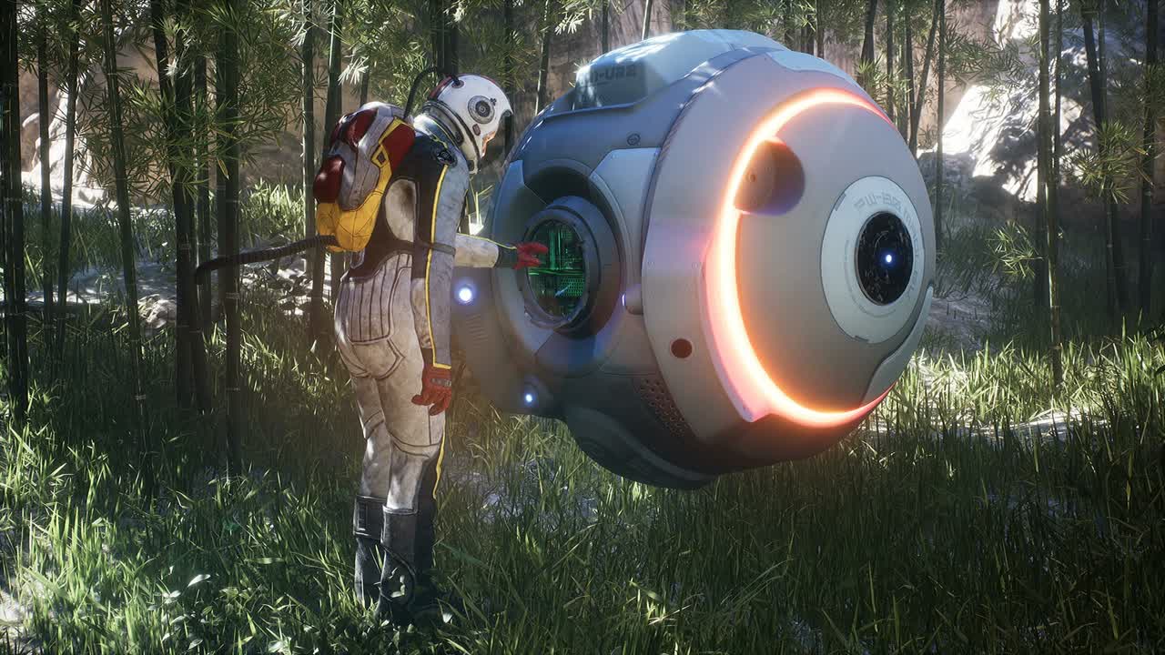 An astronaut attempts to program and configure a broken research drone. The concept of discovering new planets. The looped animation is perfect for space, space travel or science fiction.