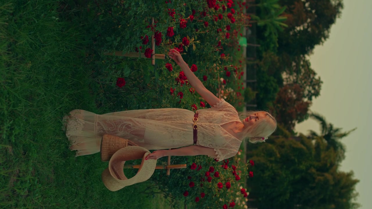 Young Woman in Lace Dress Walking Through a Rose Garden