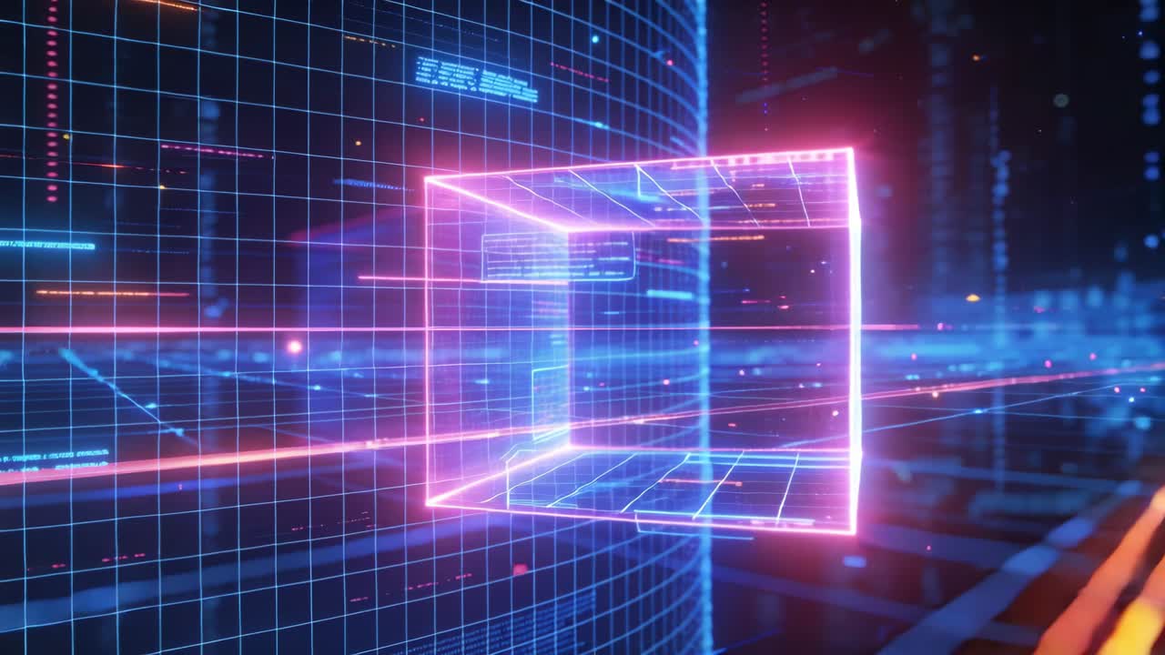 Neon cube appearing, moving left and aligning with cylinder grid, centering and revealing tech HUD