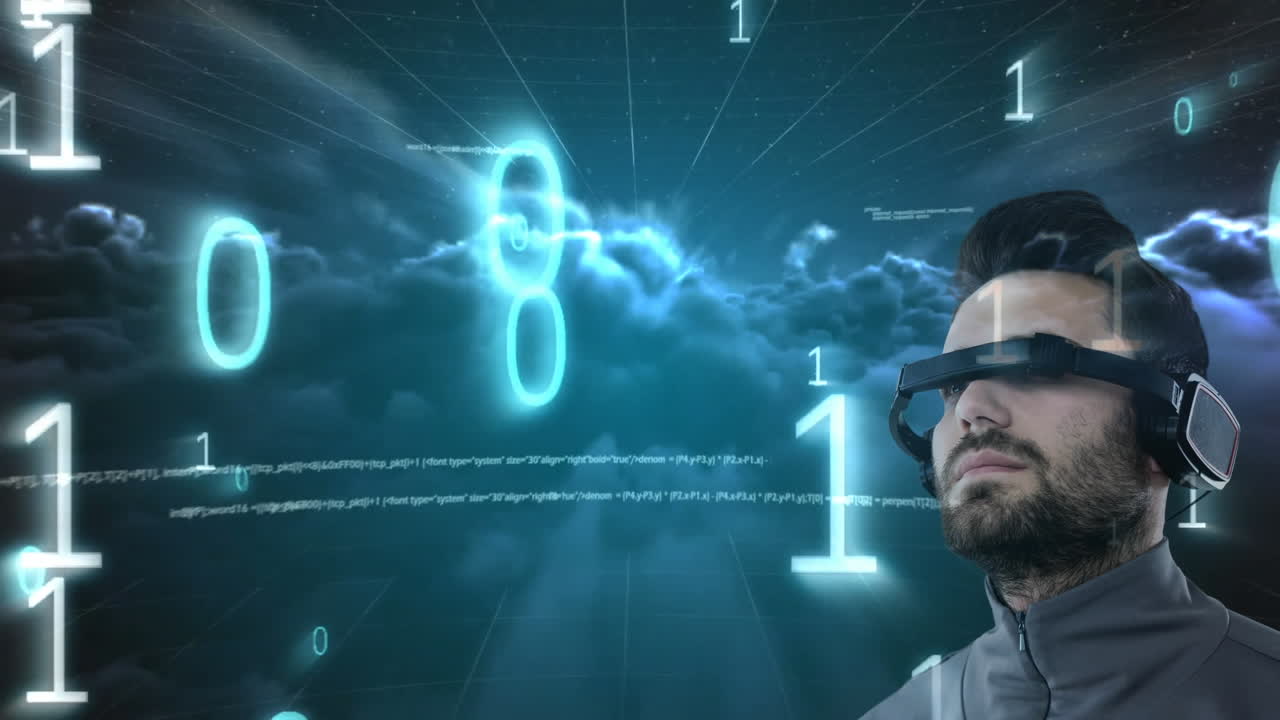 hombre caucásico con gafas vr sobre codificación binaria y procesamiento de datos contra nubes oscuras