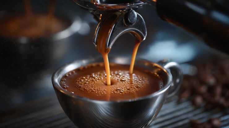 Nahaufnahme eines zubereiteten Espressos: Reiches Aroma und cremige Textur in einer Silbertasse, die die Kunst der Kaffeezubereitung in einer Café-Umgebung zeigt.