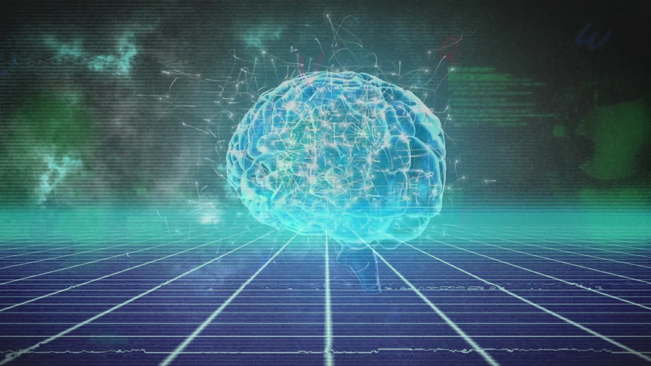 Animation of glowing light trails with spinning human brain on dark background