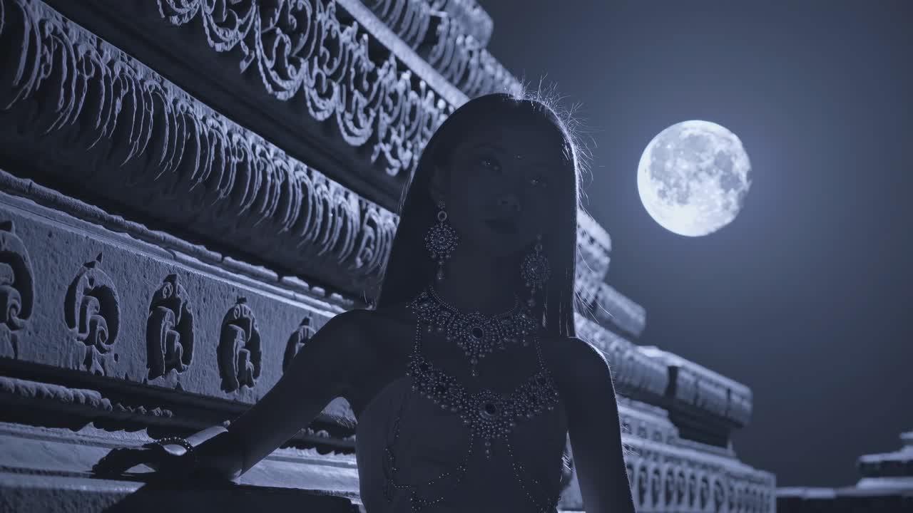Elegant woman wearing traditional jewelry is posing in front of an ancient temple illuminated by the full moon, creating a mystical and serene atmosphere