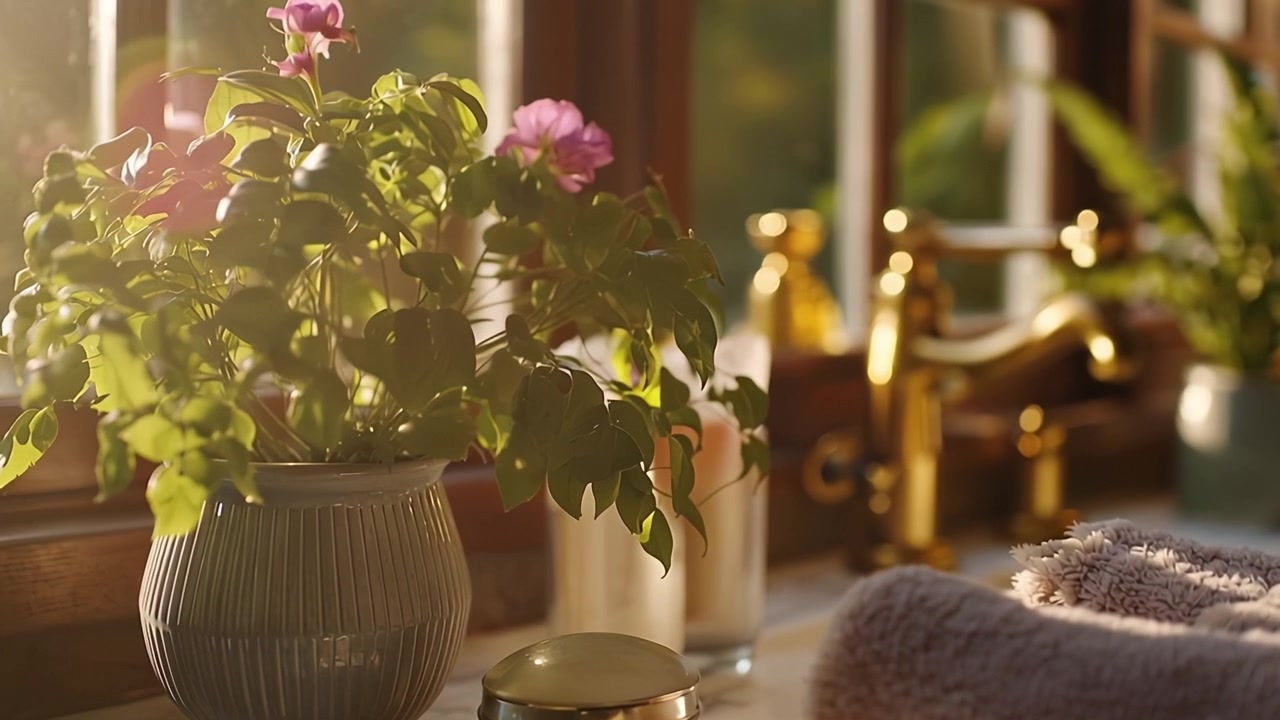 La lumière du soleil matinale illumine une coiffeuse de salle de bain avec une plante et des serviettes