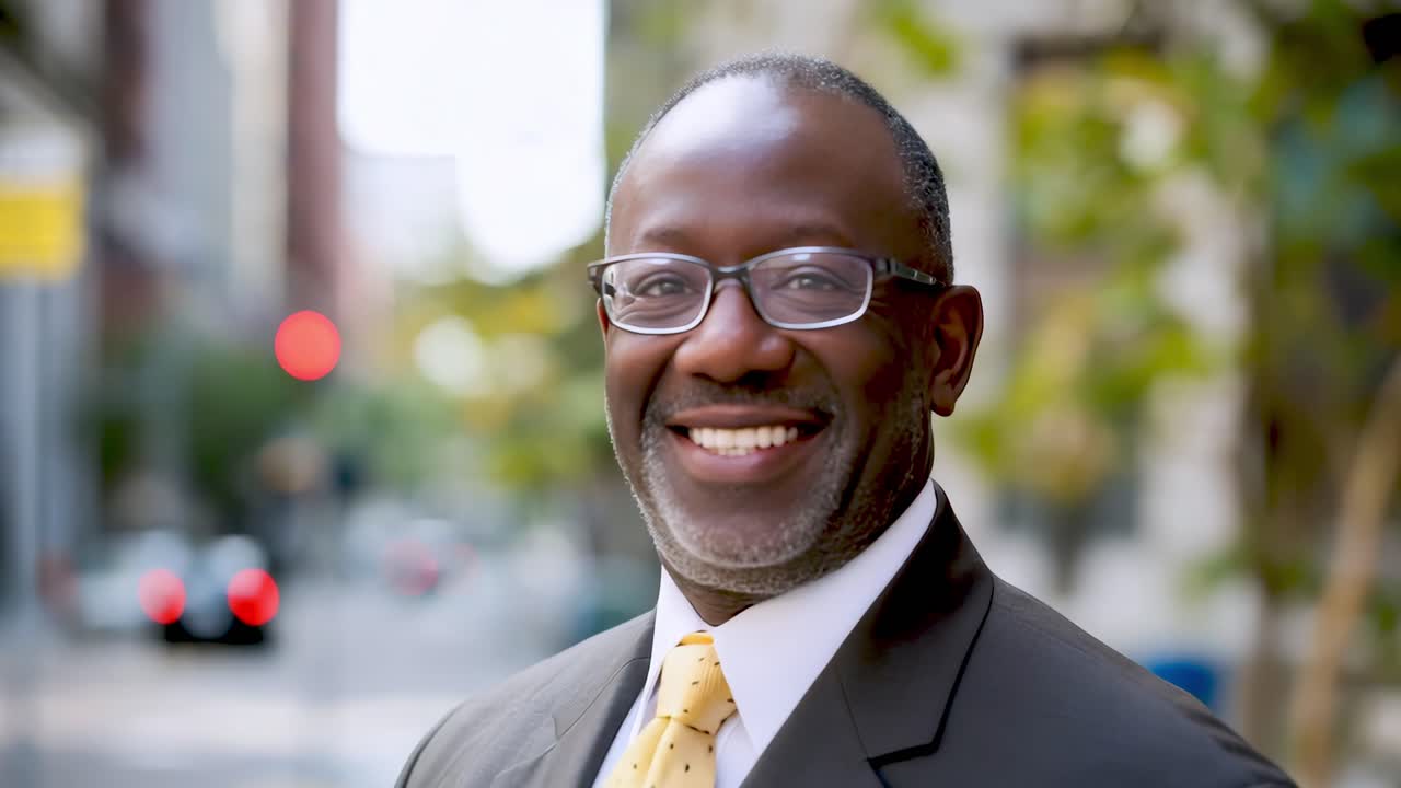 Professional African American businessman standing confidently on urban street, wearing business attire and glasses, radiating success and positive energy with warm, friendly smile