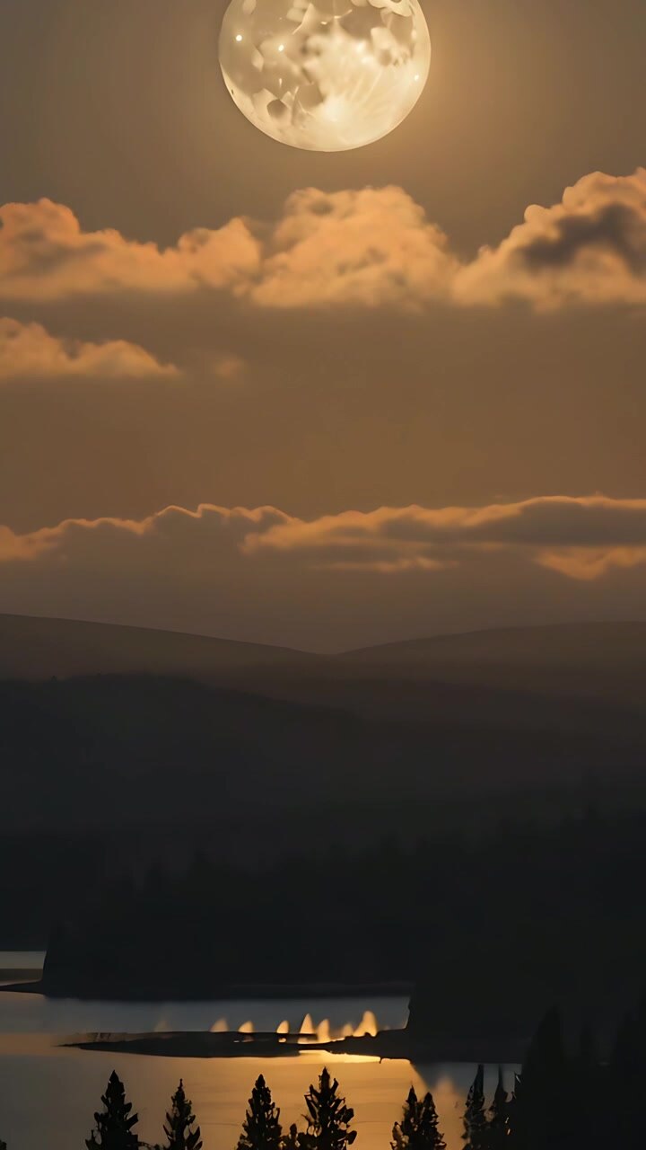 Video verticale: Luna piena che si rivela mentre la telecamera si sposta verso il basso su un lago, nuvole, colline e alberi.