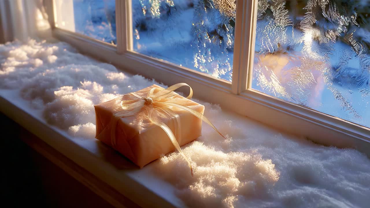 A beautifully wrapped gift resting on a snow-covered windowsill, capturing the serene winter ambiance as natural light illuminates the delicate textures of snow and frost