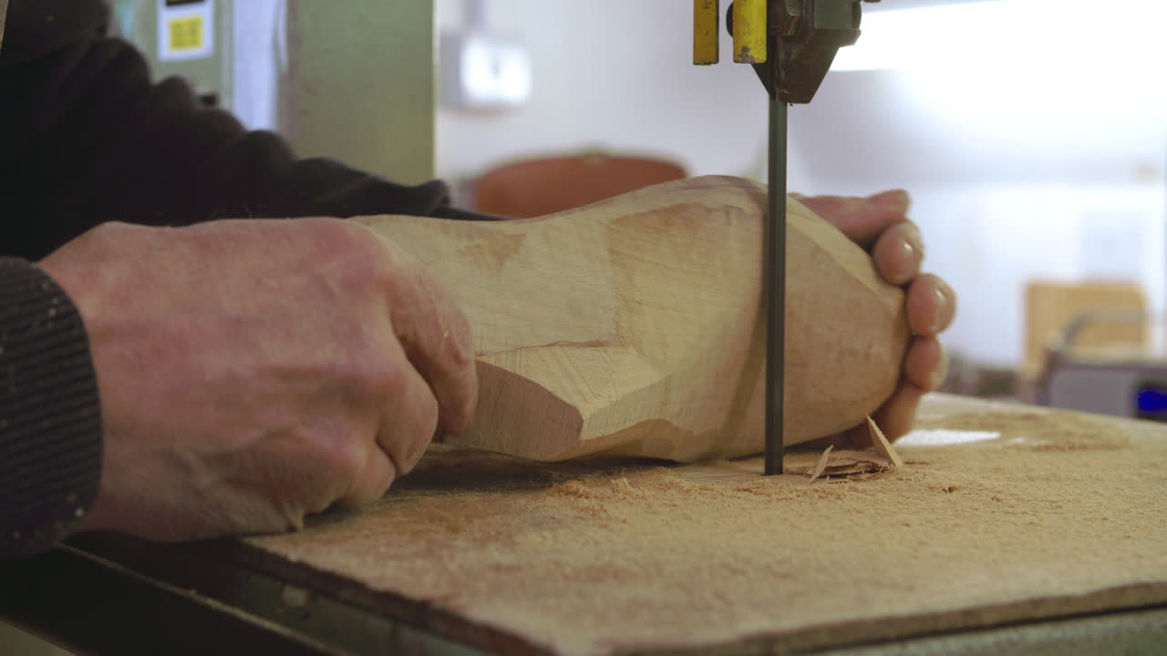 Bespoke Shoemaker Shaping Wooden Last For Shoe Using Jigsaw
