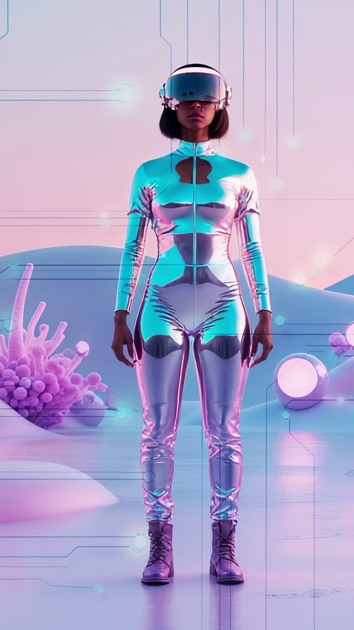 Vertical video: Woman wearing VR headset shifting gaze, confirming selection in simulation upon cue