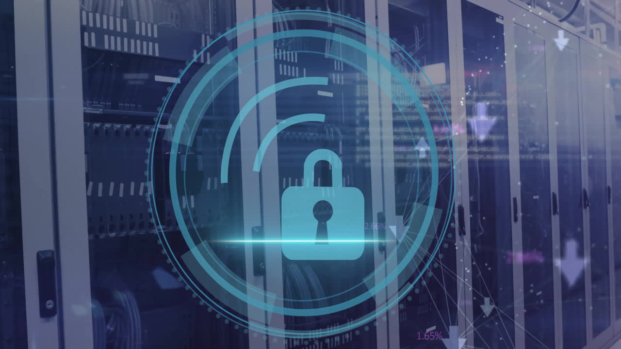 animación del alcance con candado y procesamiento de datos a través de servidores informáticos