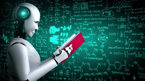 3D rendering of robot hominoid reading book and solving math