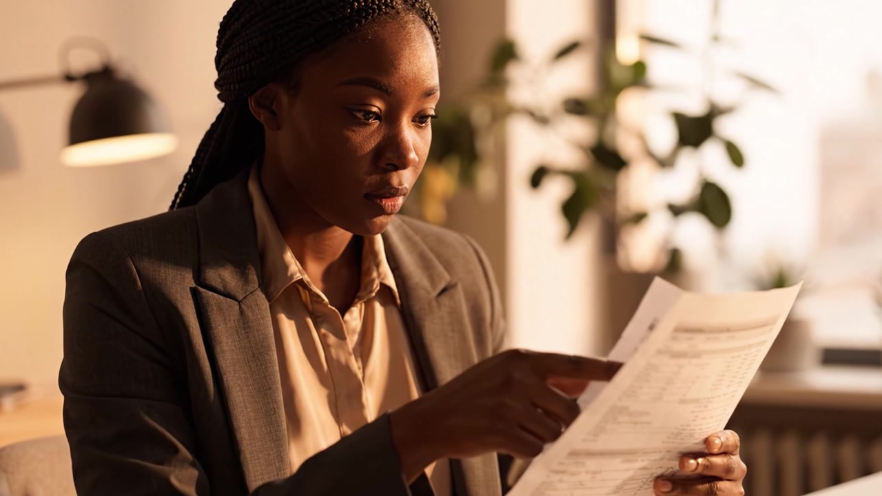 Professional woman concentrating on reviewing documents in a well-lit office environment, showcasing determination and focus on important business matters.