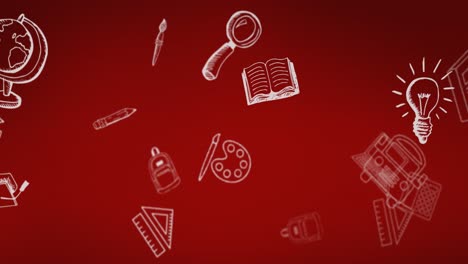 animation of drawing of book, bag, bus, laptop, scale and school supplies over red background