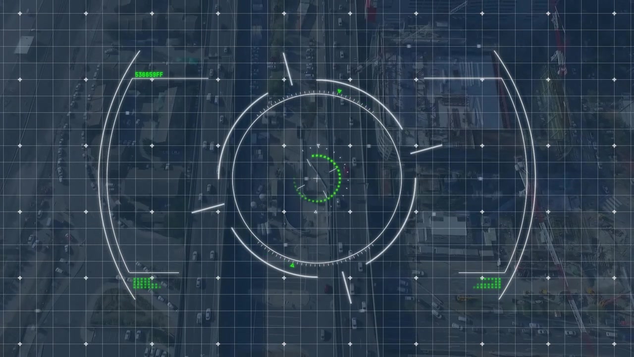 Animation of scope scanning and data processing over people walking on black background