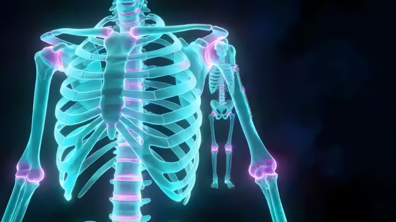 Rolling dolly approaching 3D cyan ribcage at dark void, showing magenta shoulder and elbow joints